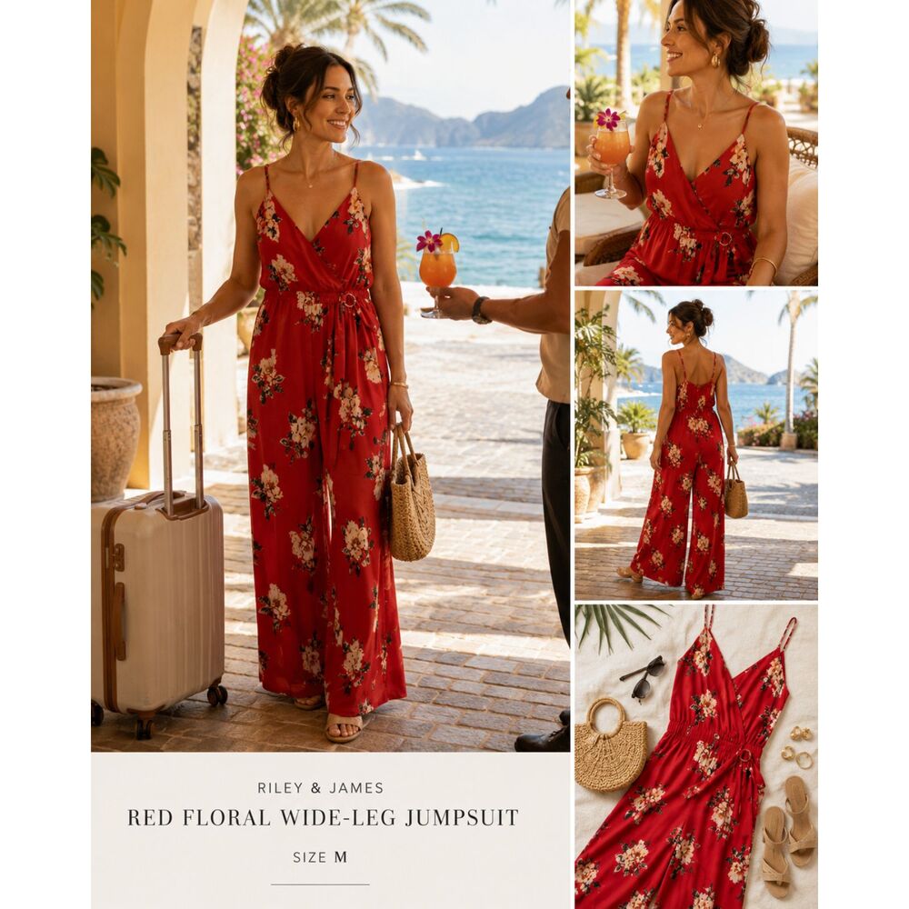 Riley & James Red Floral Wide Leg Wrap Jumpsuit Size M